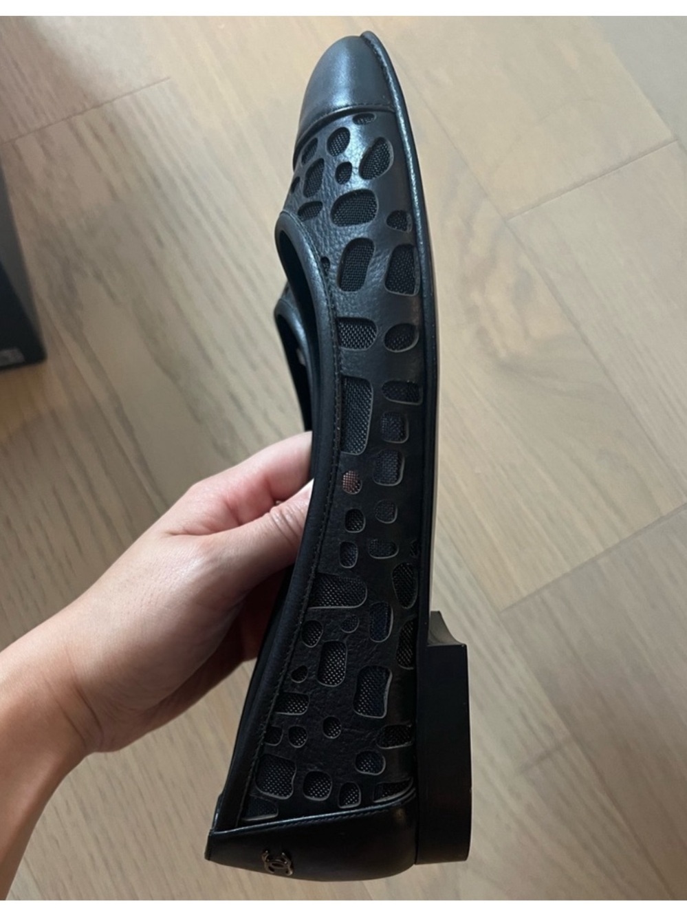 CHANEL Black Perforated Cap-Toe Leather Ballet Flats - Picture 10 of 10
